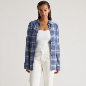 Quince Stretch Sweater Fleece Shirt Blue Medium Indigo Check Fleece Plaid